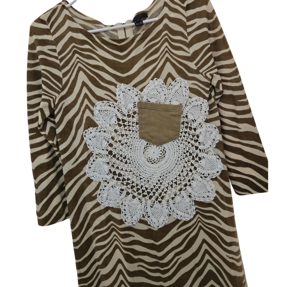 4/$15 Bohemian Brown Zebra Dress Crochet Detail J Crew Vintage Festival szM - Picture 3 of 10